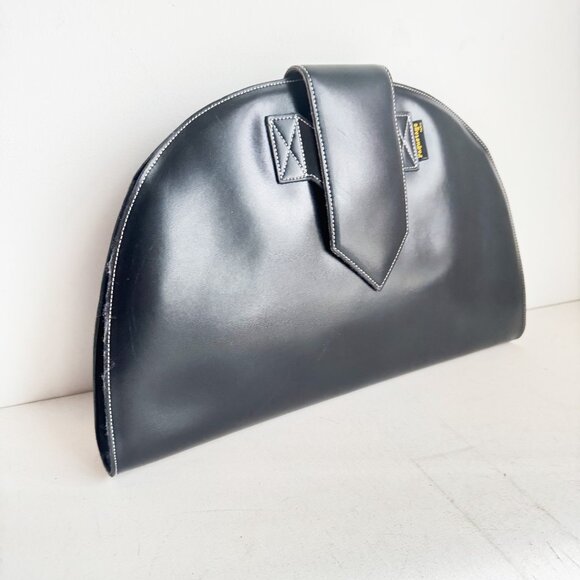 Vintage Paquetage Paris Large Black leather Oval Unique Clutch - Picture 7 of 8